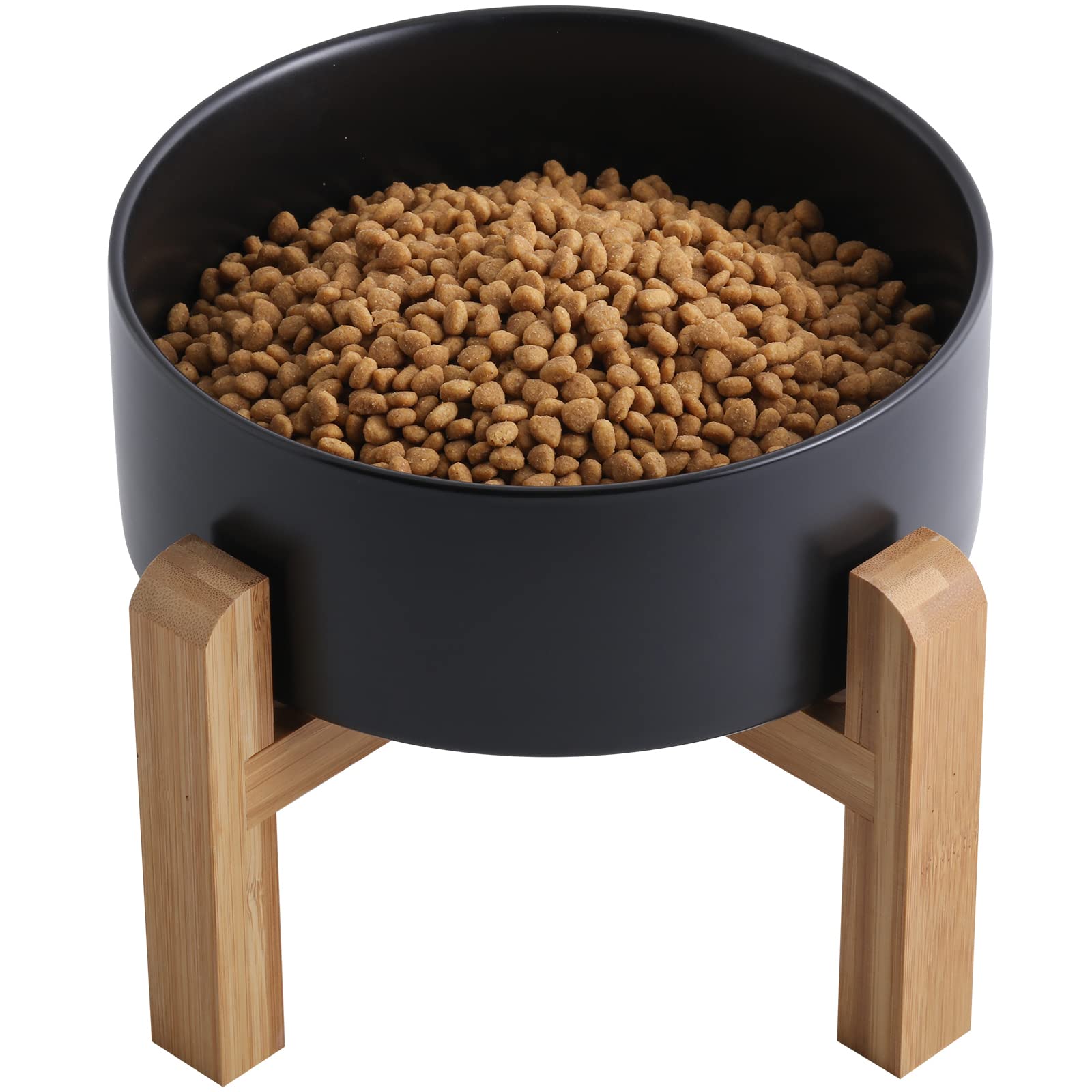 Addogyy black elevated dog bowl with wood stand providing stable, easy-access feeding.