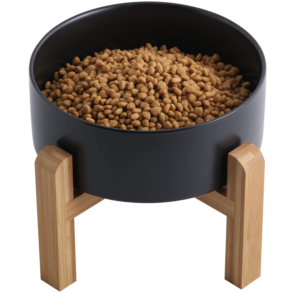 Addogyy black elevated dog bowl with wood stand providing stable, easy-access feeding.