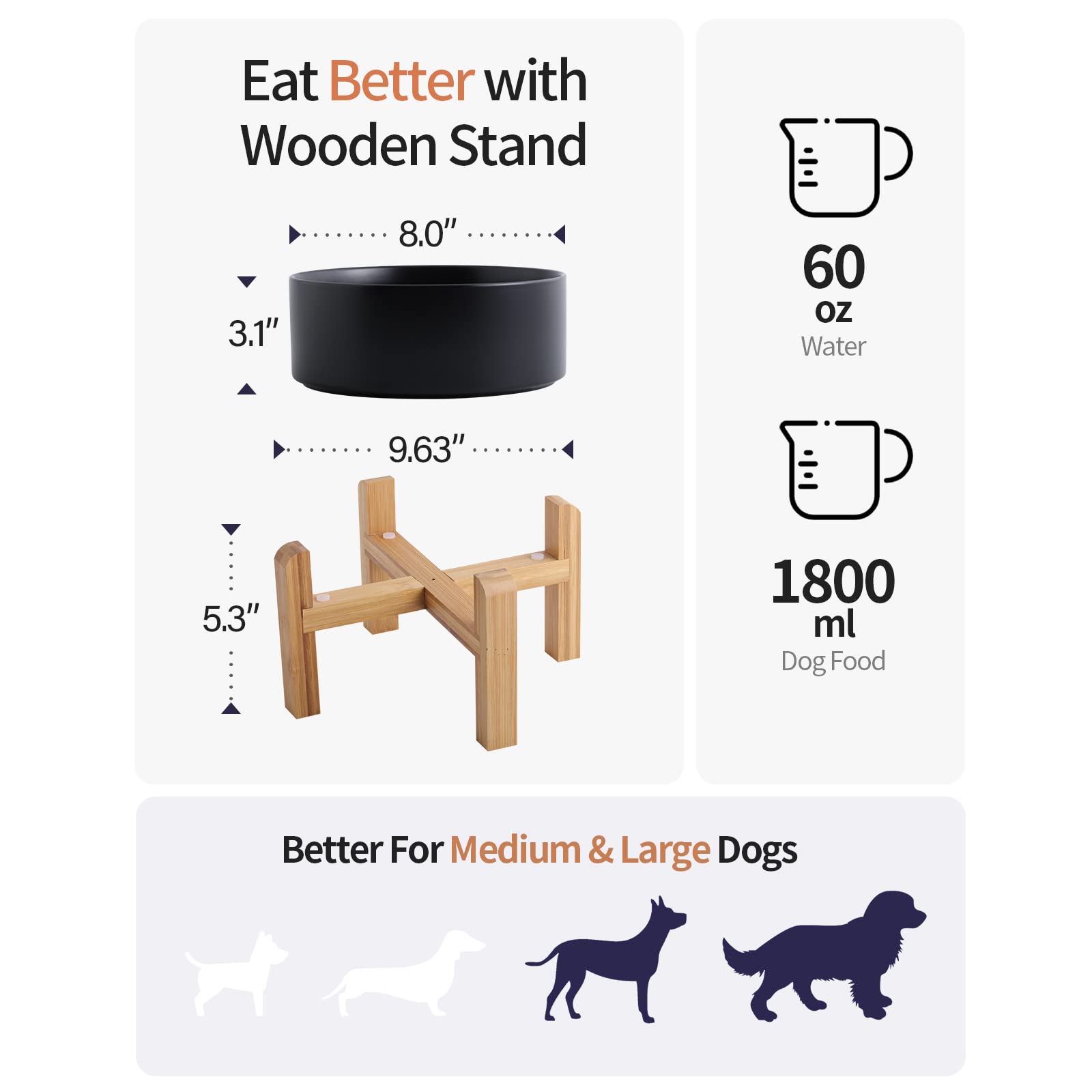 Addogyy ceramic dog bowl on wood stand with durable, modern design.