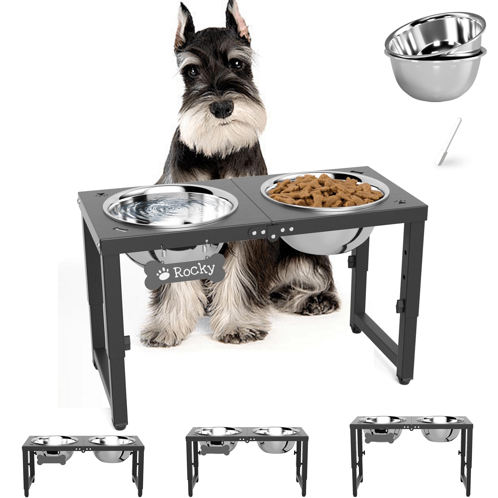 ADENGL adjustable-height elevated dog bowl stand front view with ergonomic dining height
