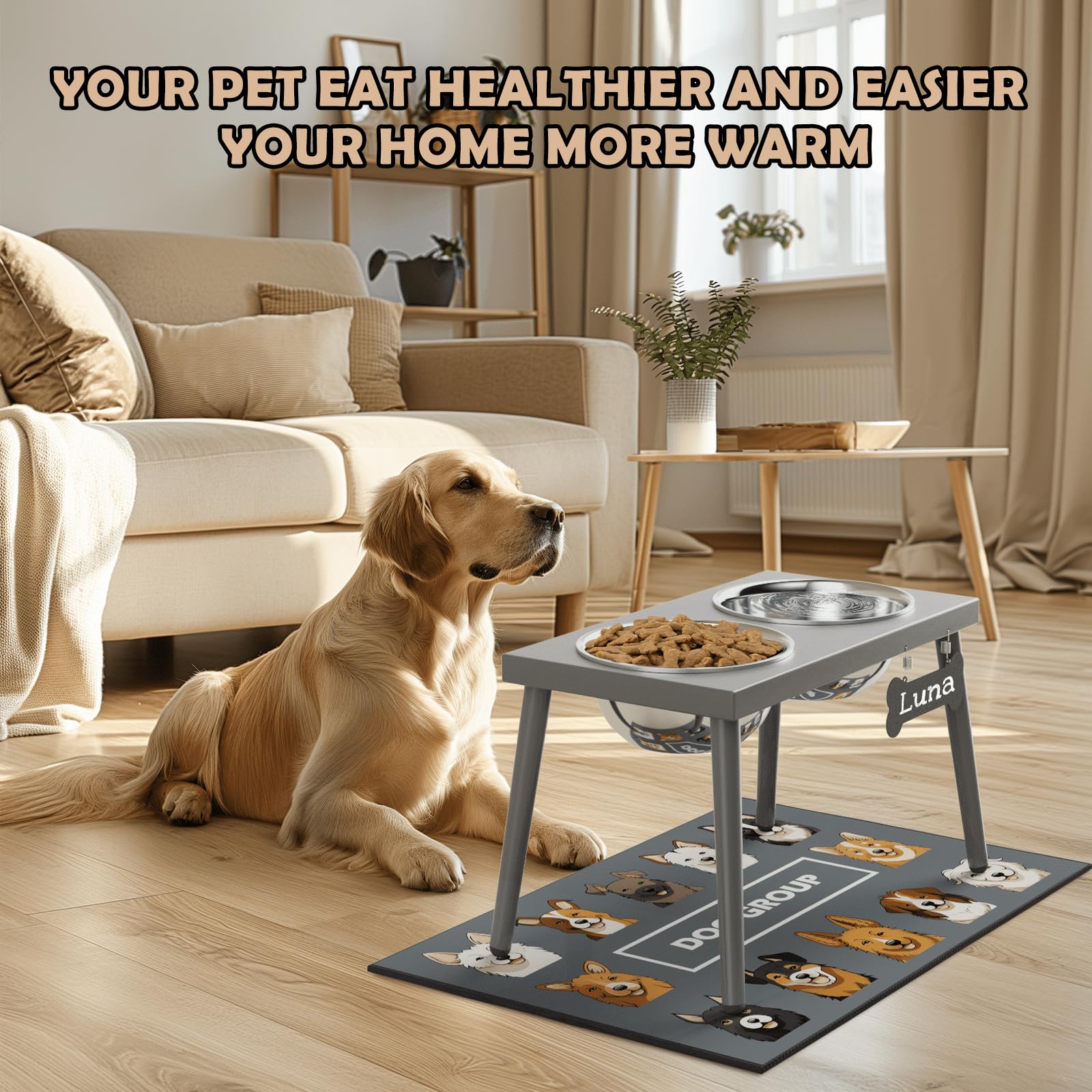 ADENGL easy-assembly dog bowl set with mat included.