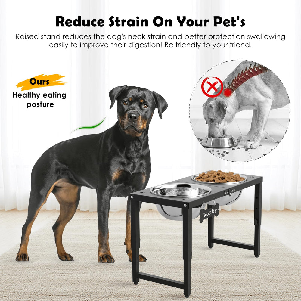 ADENGL elevated dog bowl stand side view highlighting height adjustability for comfort