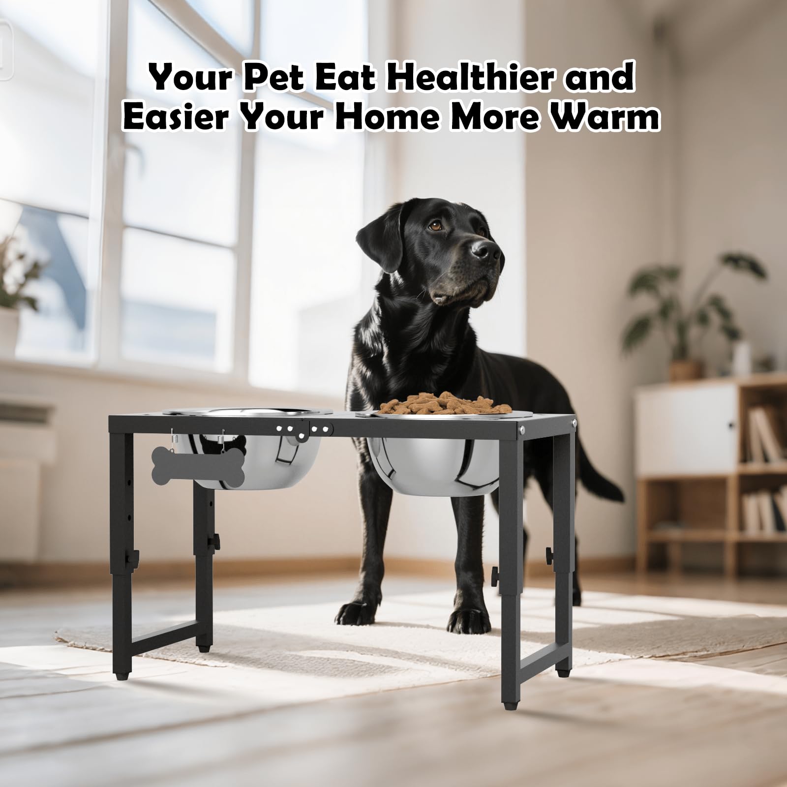 ADENGL in-use setup shows comfortable mealtime posture for medium to large dogs