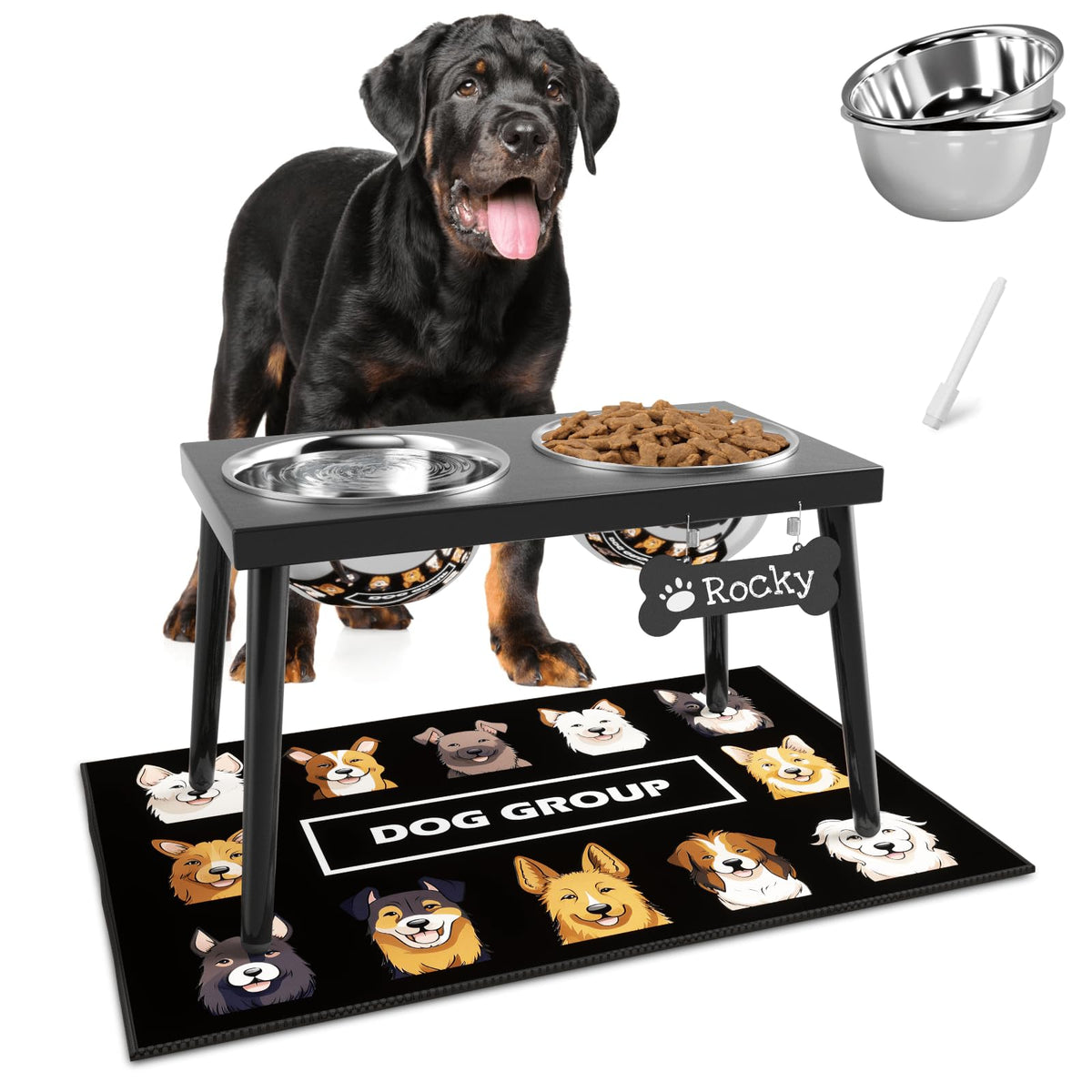 ADENGL raised dog bowl stand setup with bowls and splash mat
