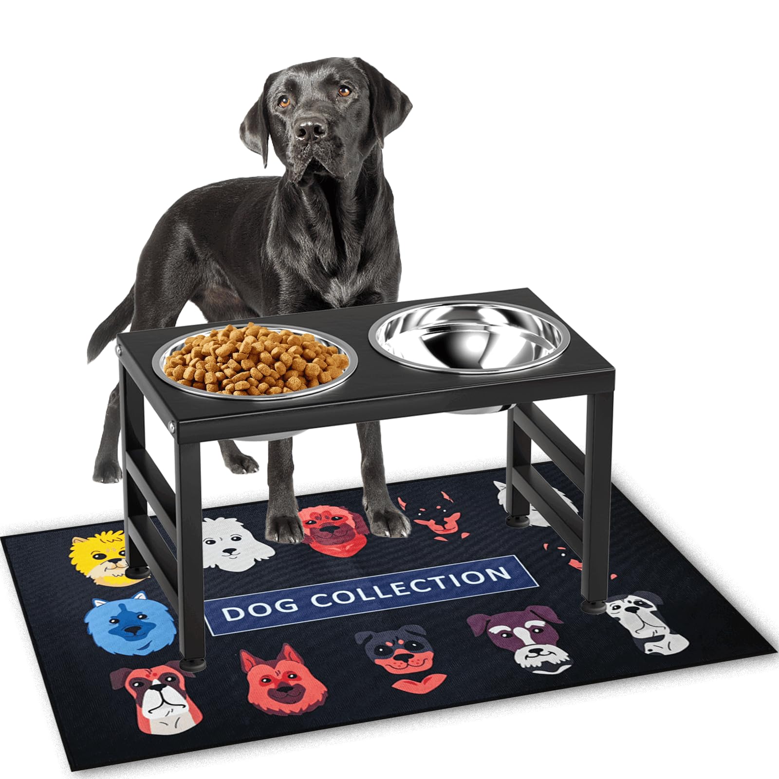 ADENGL metal raised dog bowl stand shown with elevated feeding position for comfortable meals