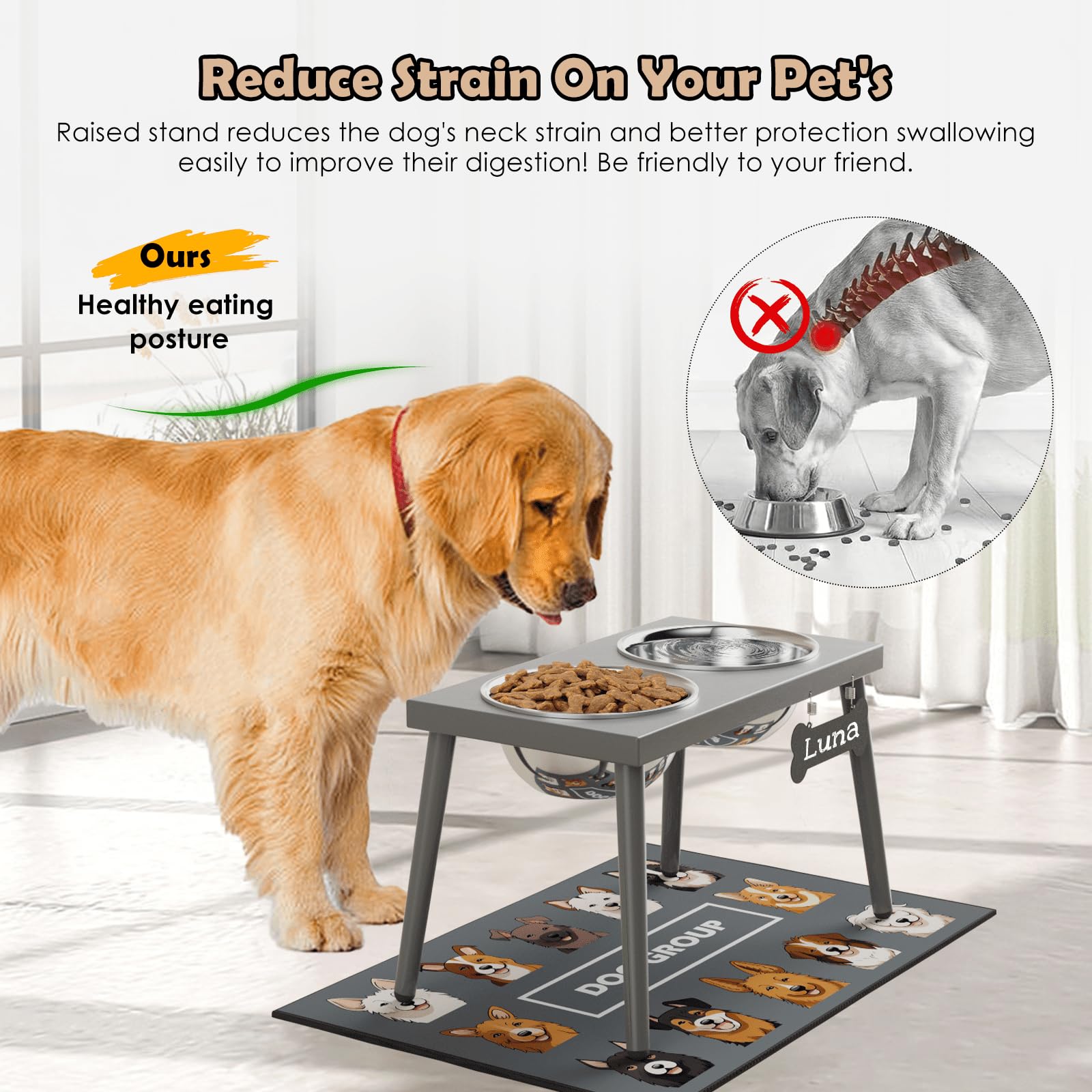 ADENGL spill-proof mat under stand keeps feeding area clean.