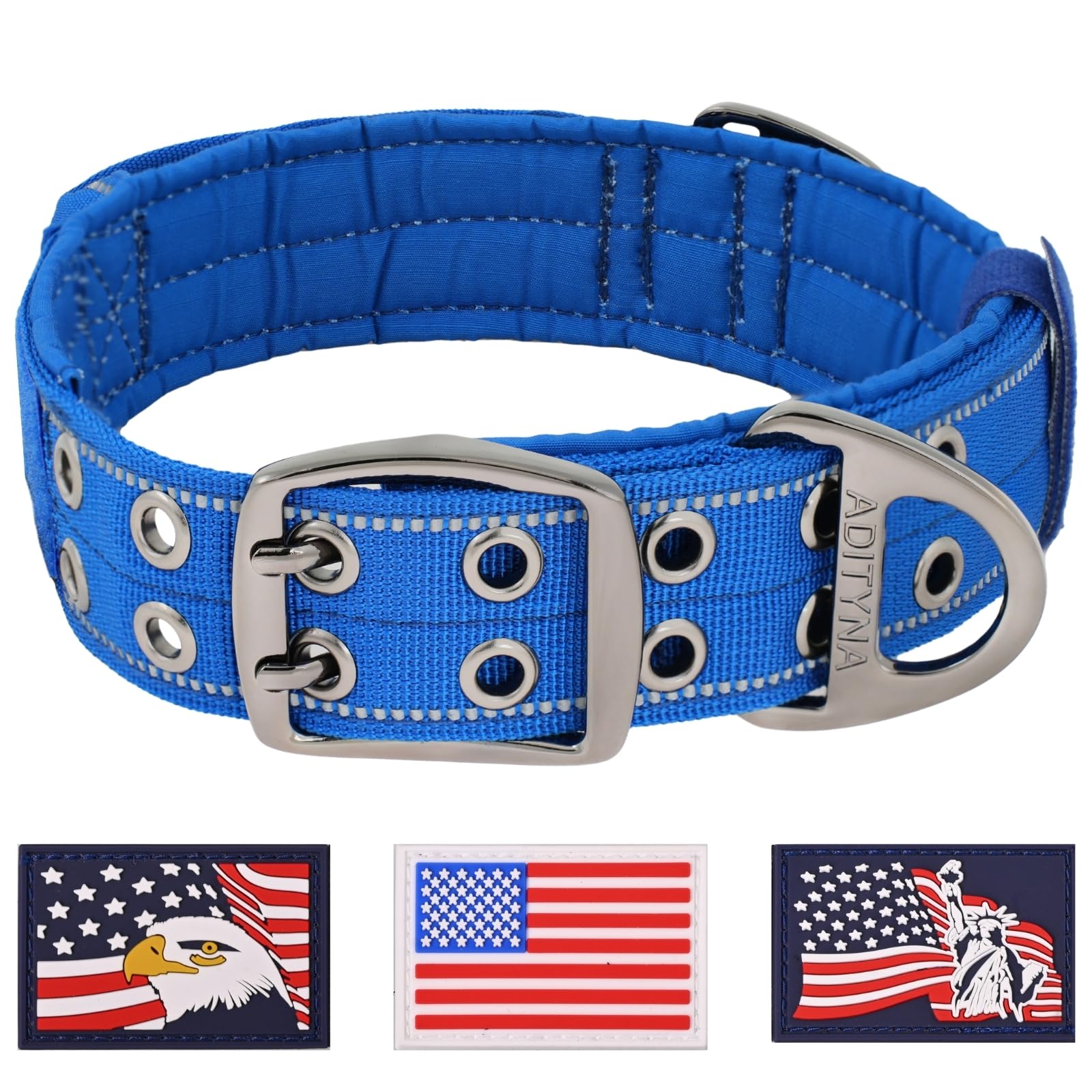 ADITYNA blue heavy-duty dog collar with handle for easy training moments.