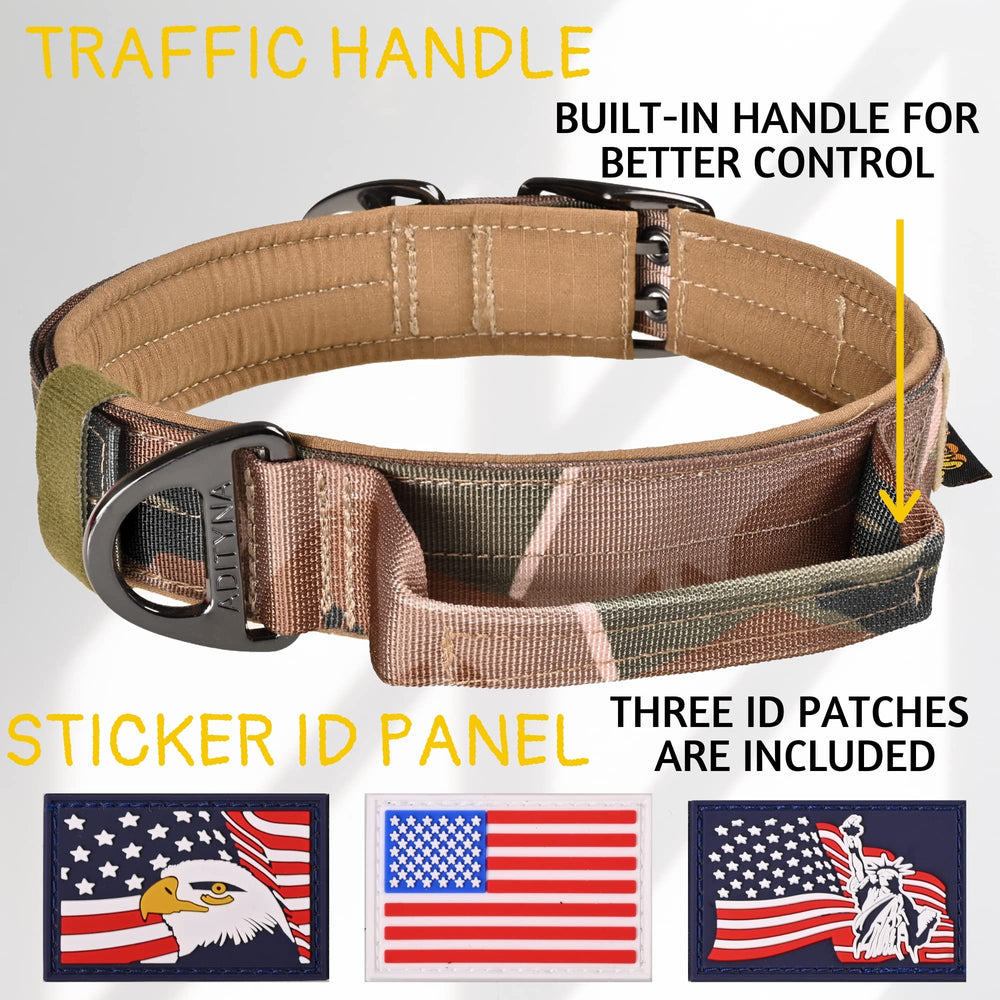 ADITYNA camo collar wide strap detail for confident training and walking.