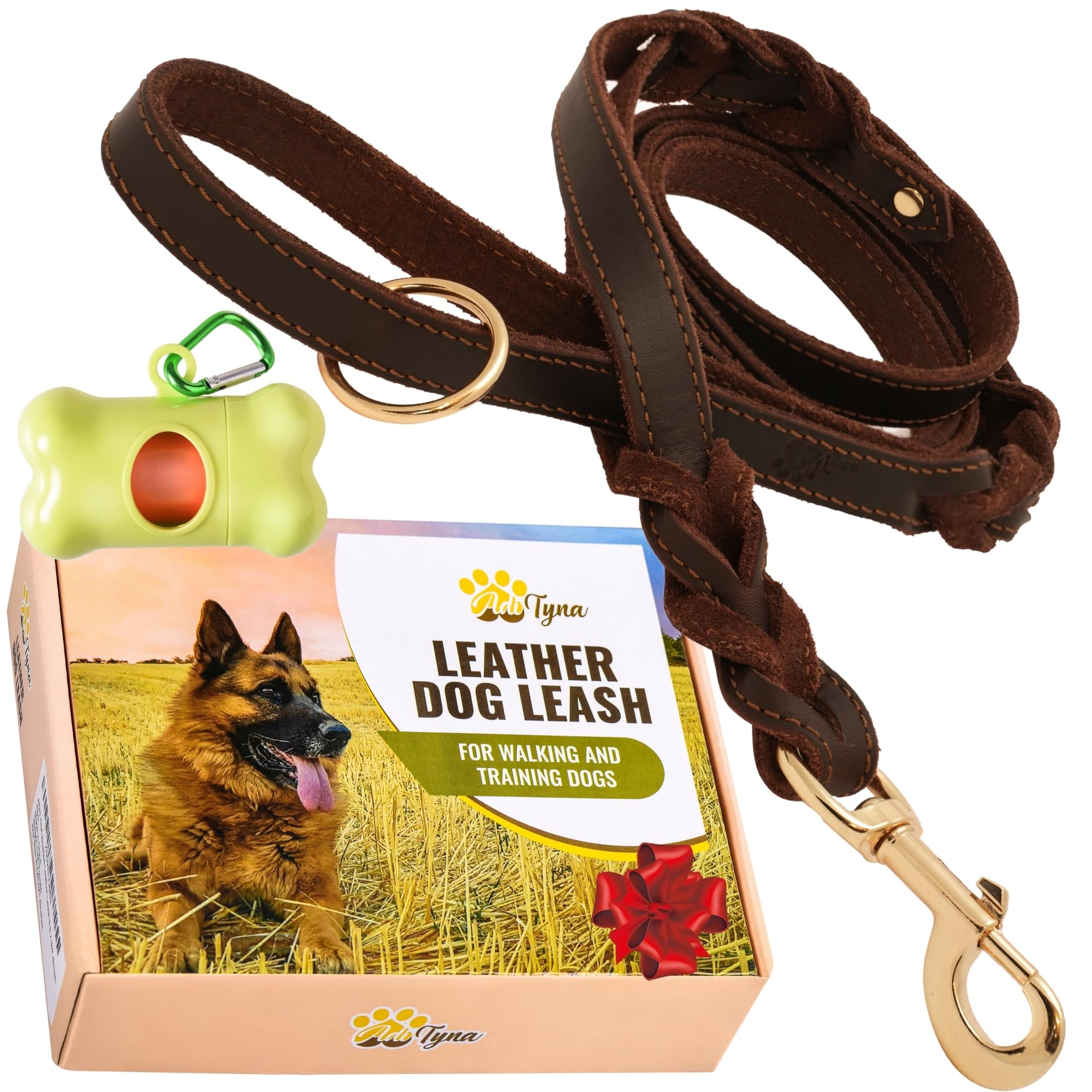 ADITYNA double-handle 6ft braided leather leash for controlled training and comfortable walks.