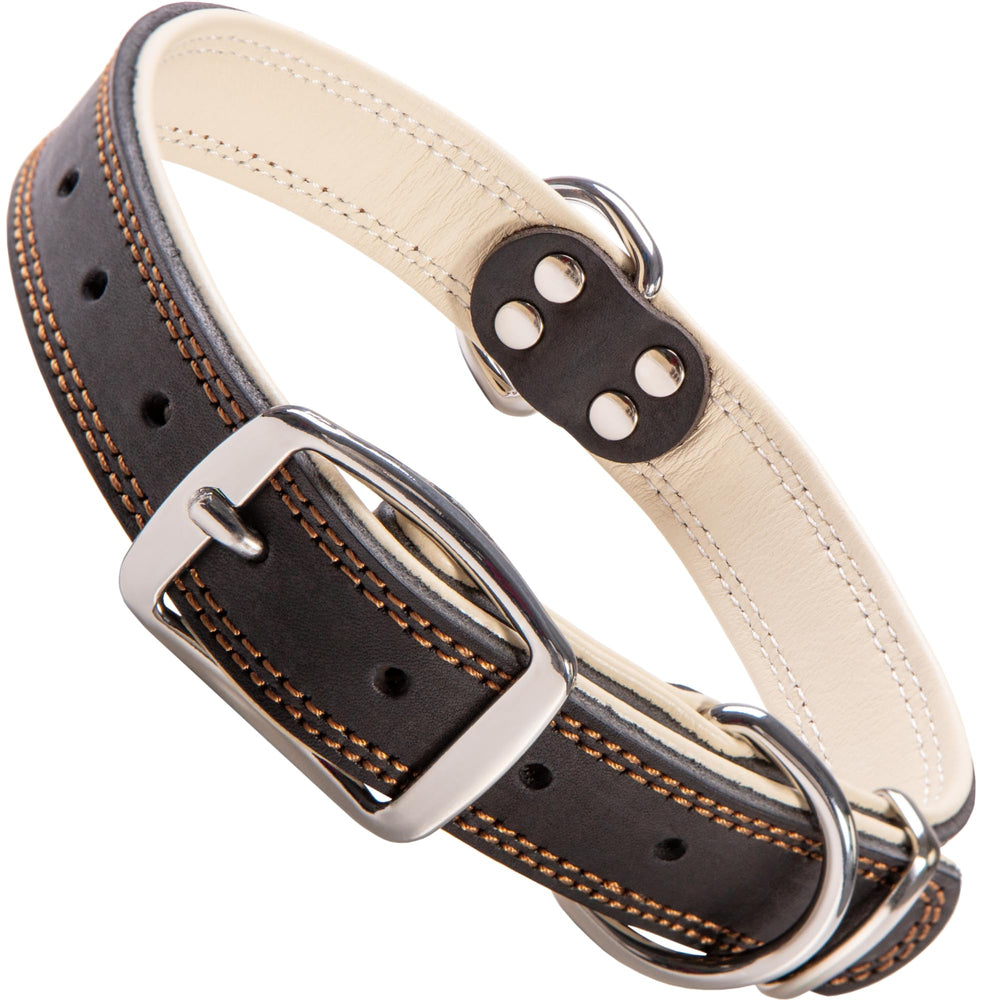 ADITYNA heavy-duty black leather dog collar dual d-rings for secure leash attachment