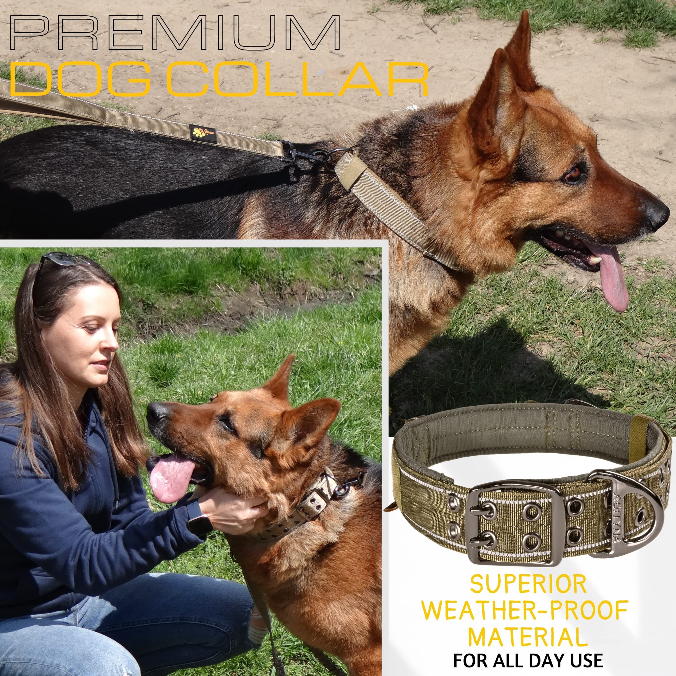 ADITYNA heavy-duty D-ring collar supports secure leash connections for daily adventures.