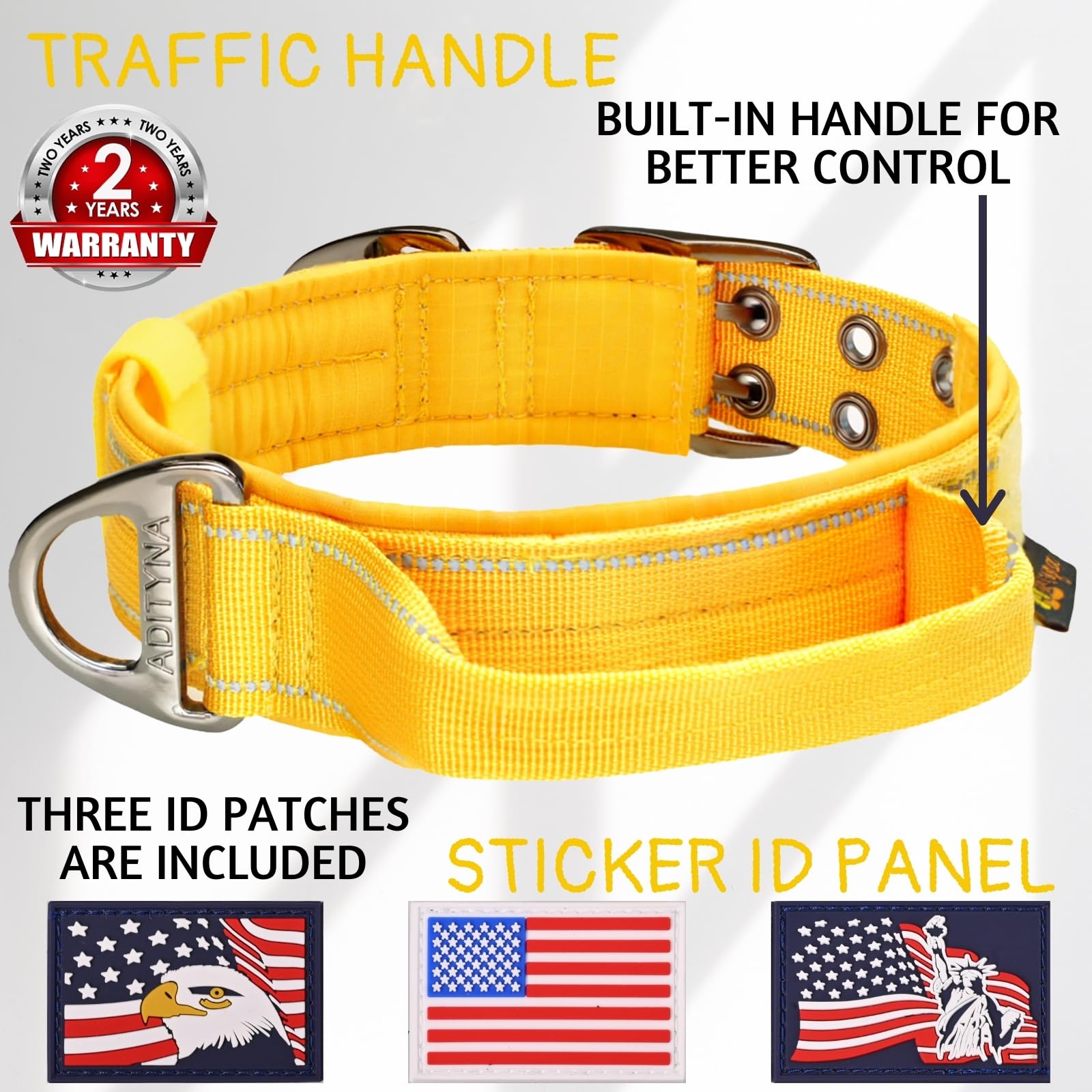 ADITYNA reflective stitching on yellow collar for nighttime visibility