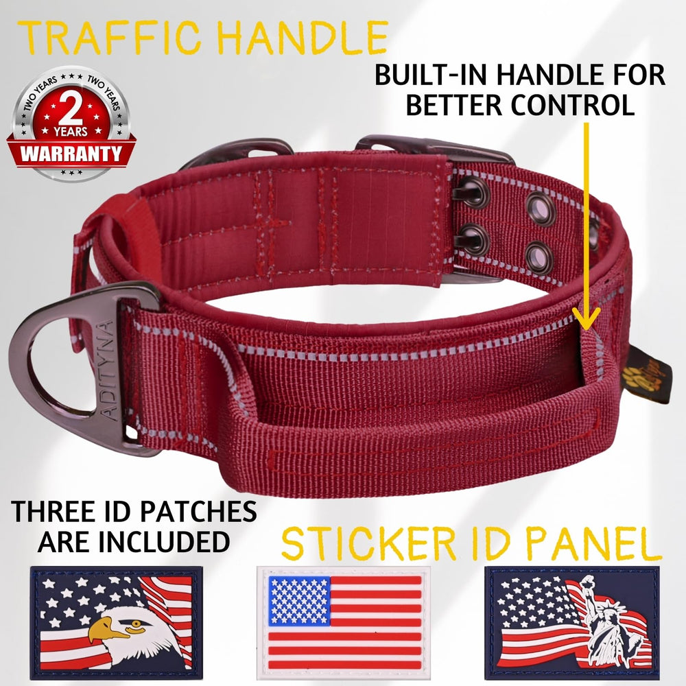 ADITYNA heavy-duty dog collar burgundy side-view highlighting easy-grab training handle.