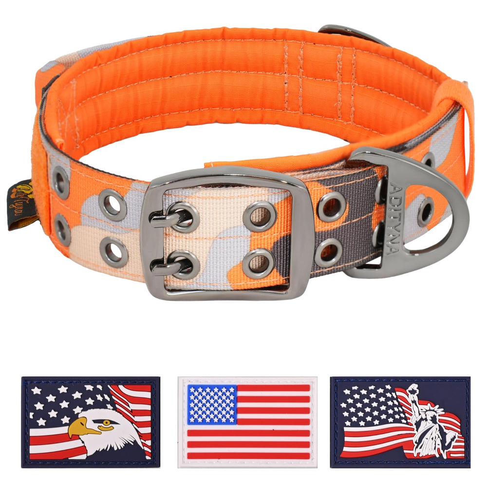 ADITYNA heavy-duty dog collar with camo orange handle closeup for training control.