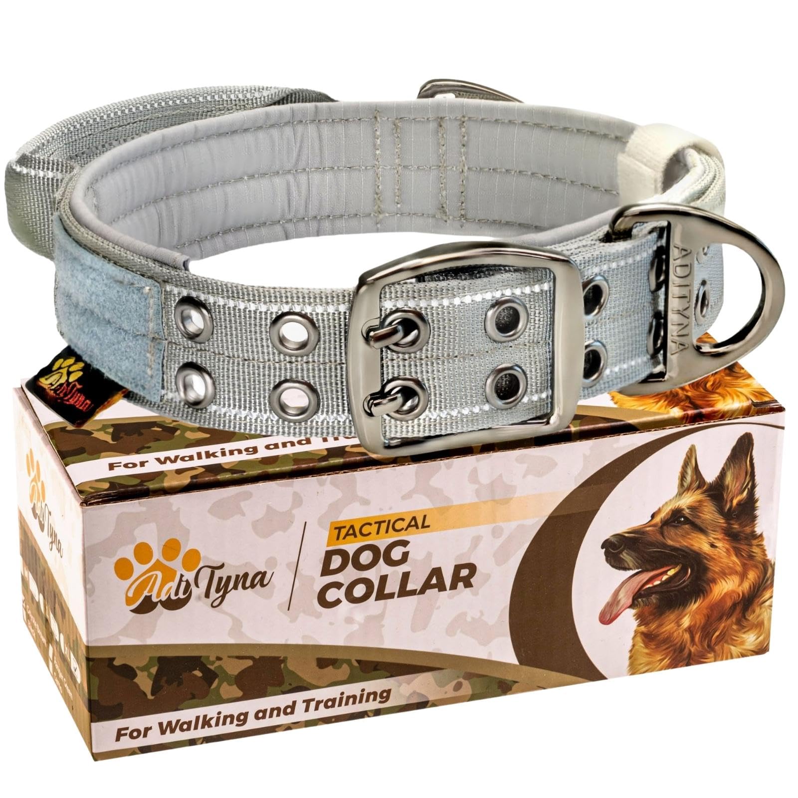 ADITYNA heavy-duty dog collar with handle — front view improves training control.
