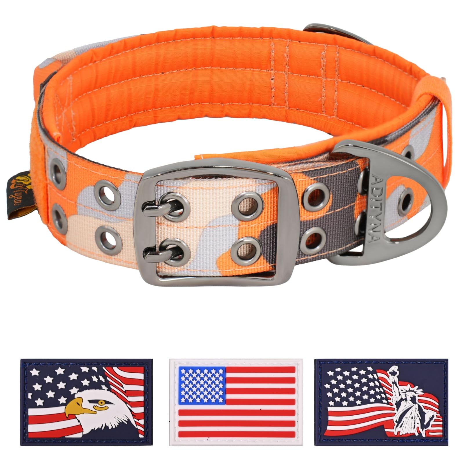 ADITYNA heavy-duty dog collar in camo orange for large dogs with rugged feel and secure design.
