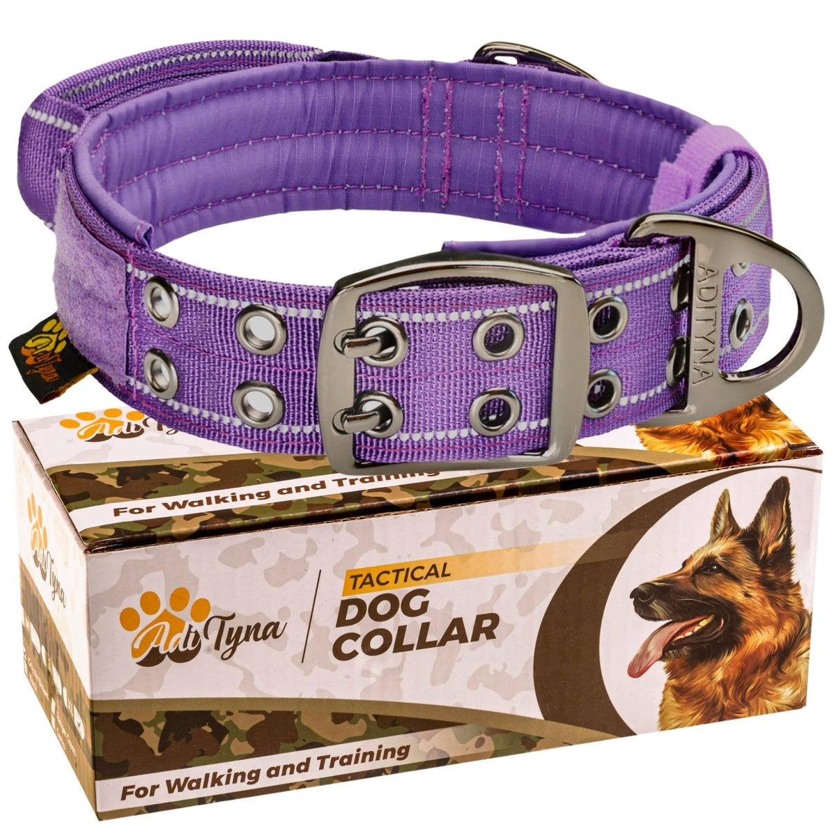 ADITYNA heavy-duty dog collar reflective purple handle visible for confident control.