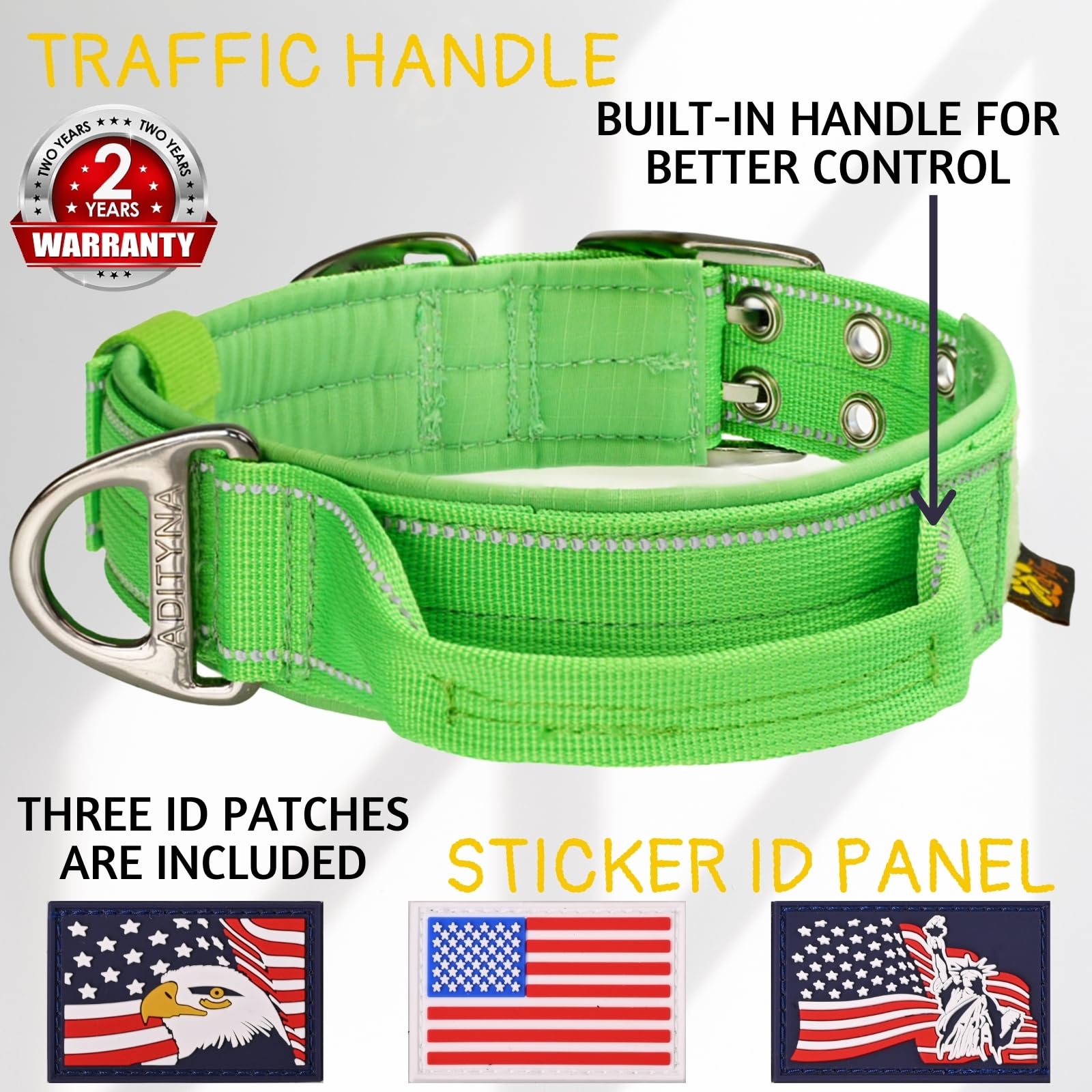 ADITYNA collar shows reflective stitching for safer night walks.