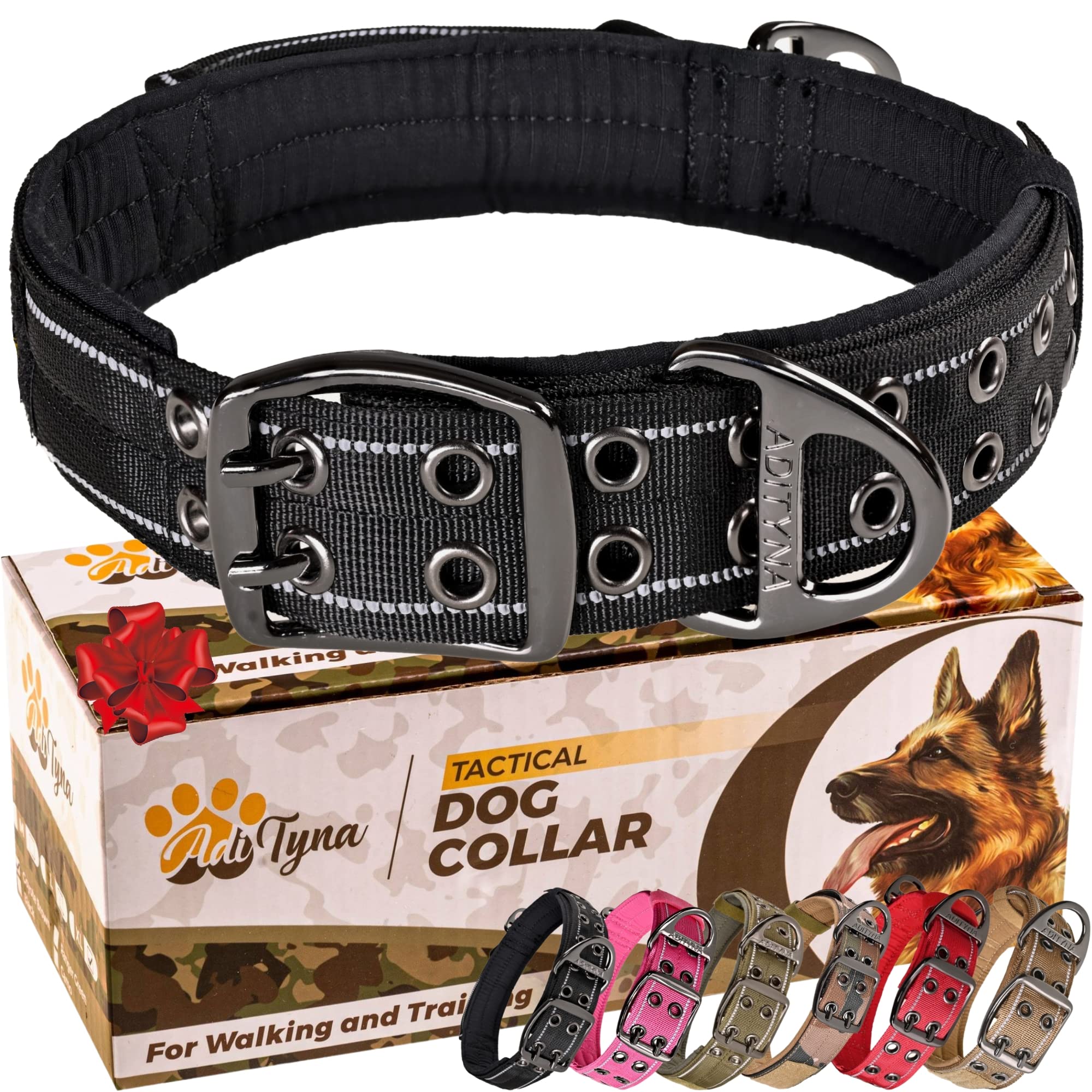 ADITYNA heavy duty dog collar with handle close-up showing padding and sturdy D-ring for control