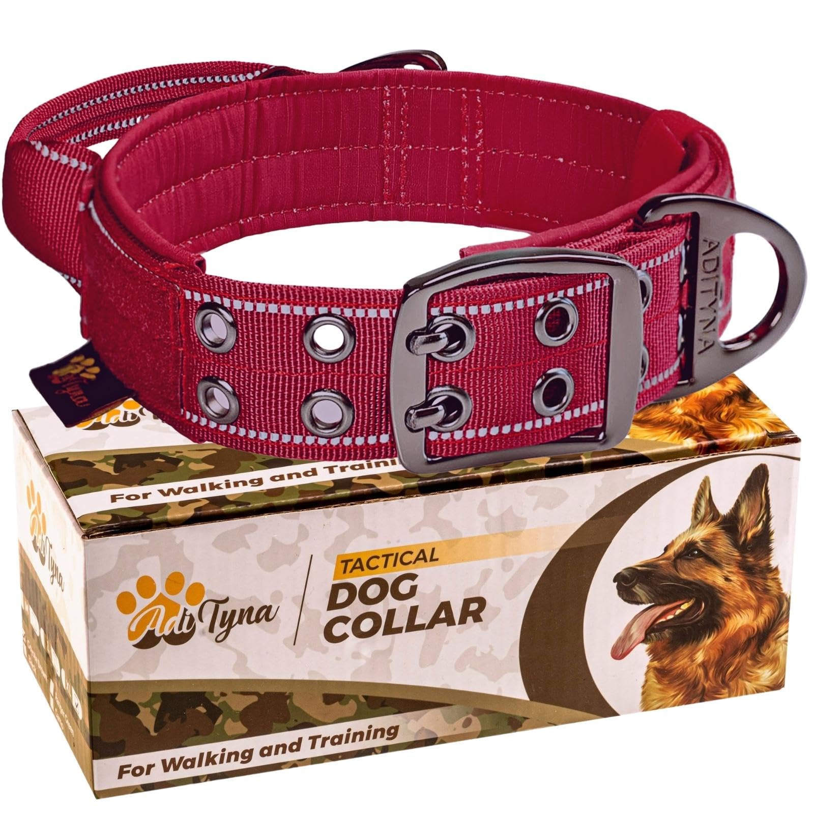 ADITYNA heavy-duty dog collar with handle for training and controlled walking.