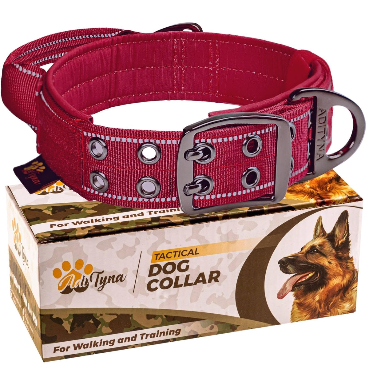 ADITYNA heavy-duty dog collar with handle for training and controlled walking.