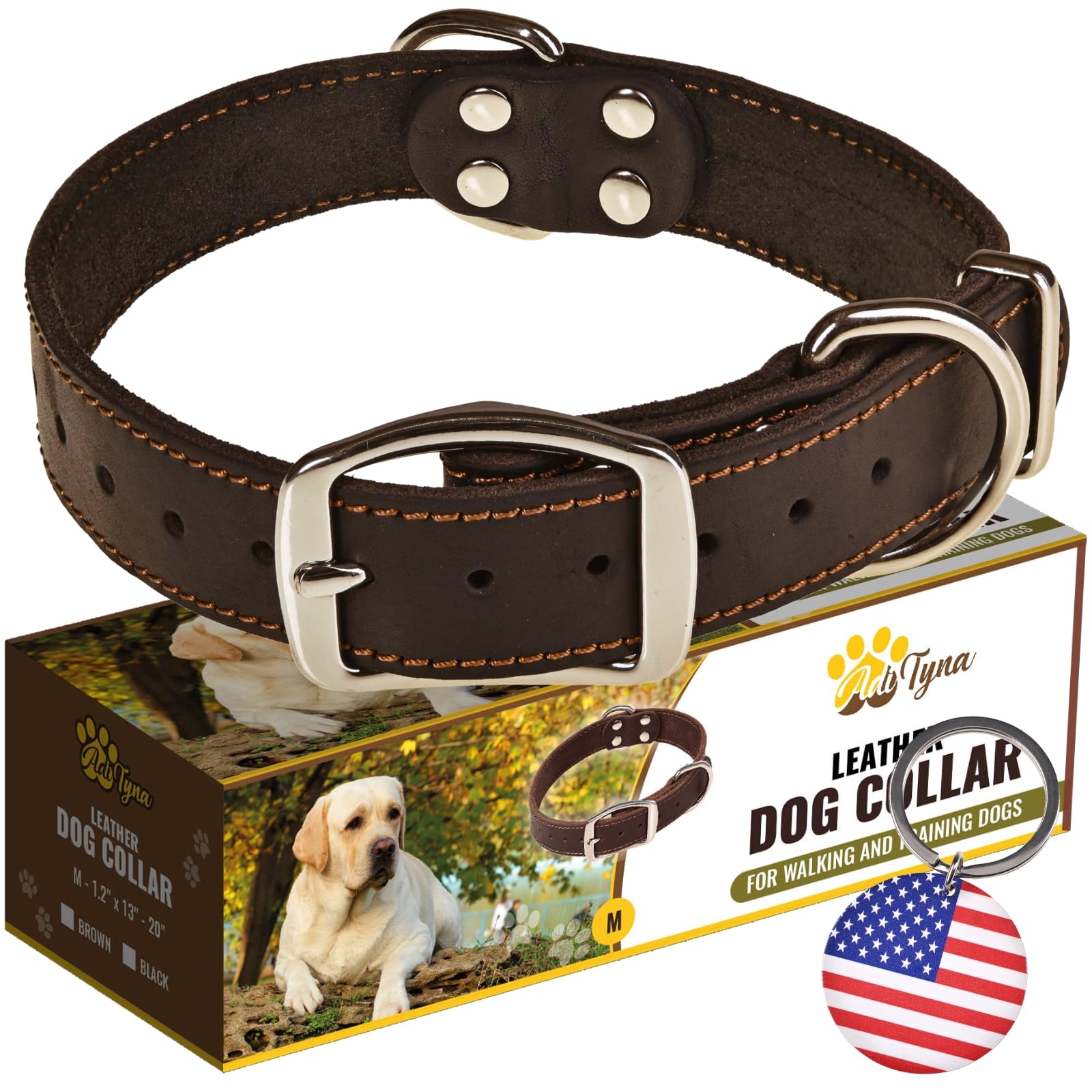ADITYNA heavy-duty leather collar close-up stitching for durability and comfort.