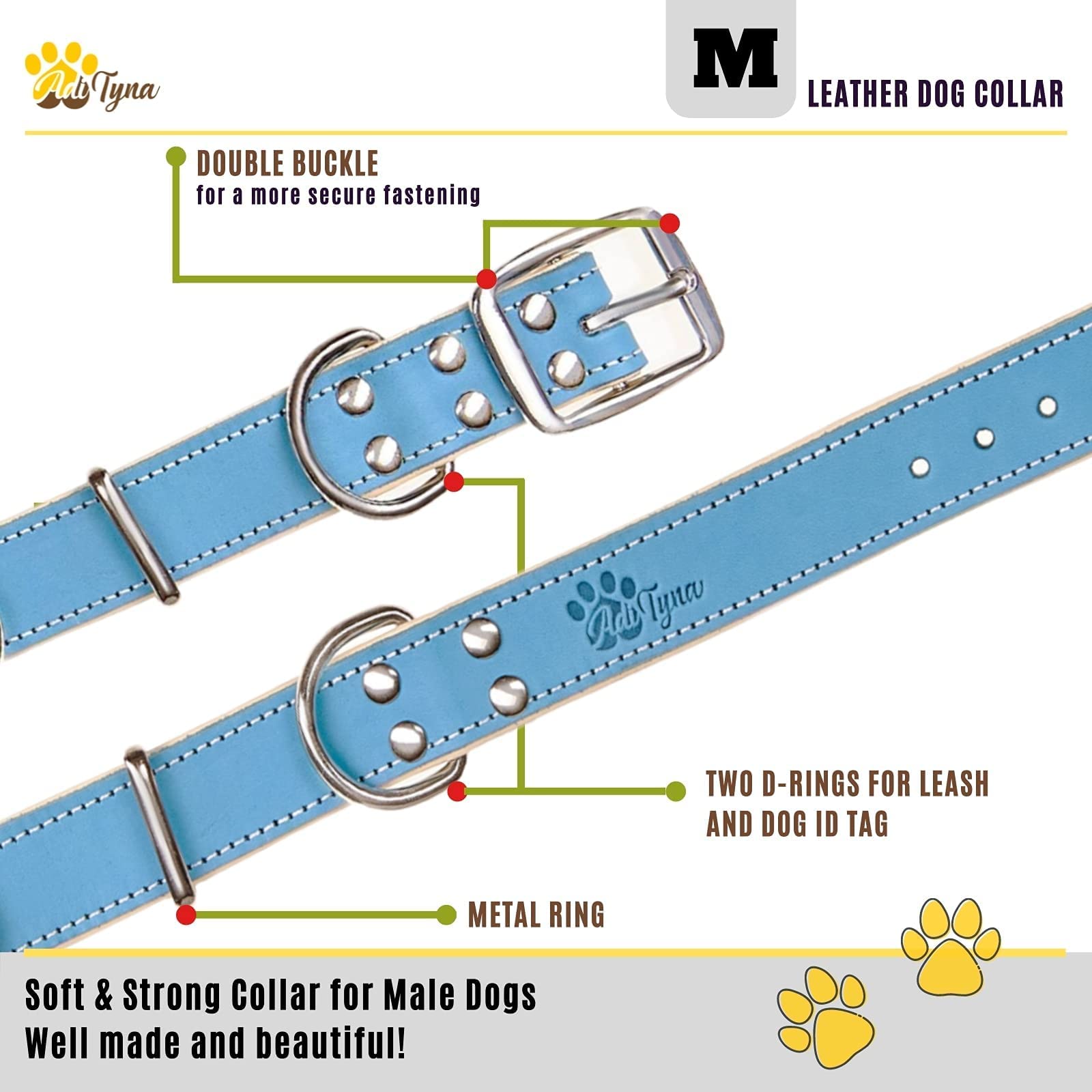 ADITYNA heavy-duty leather dog collar with 400 lb pull test.