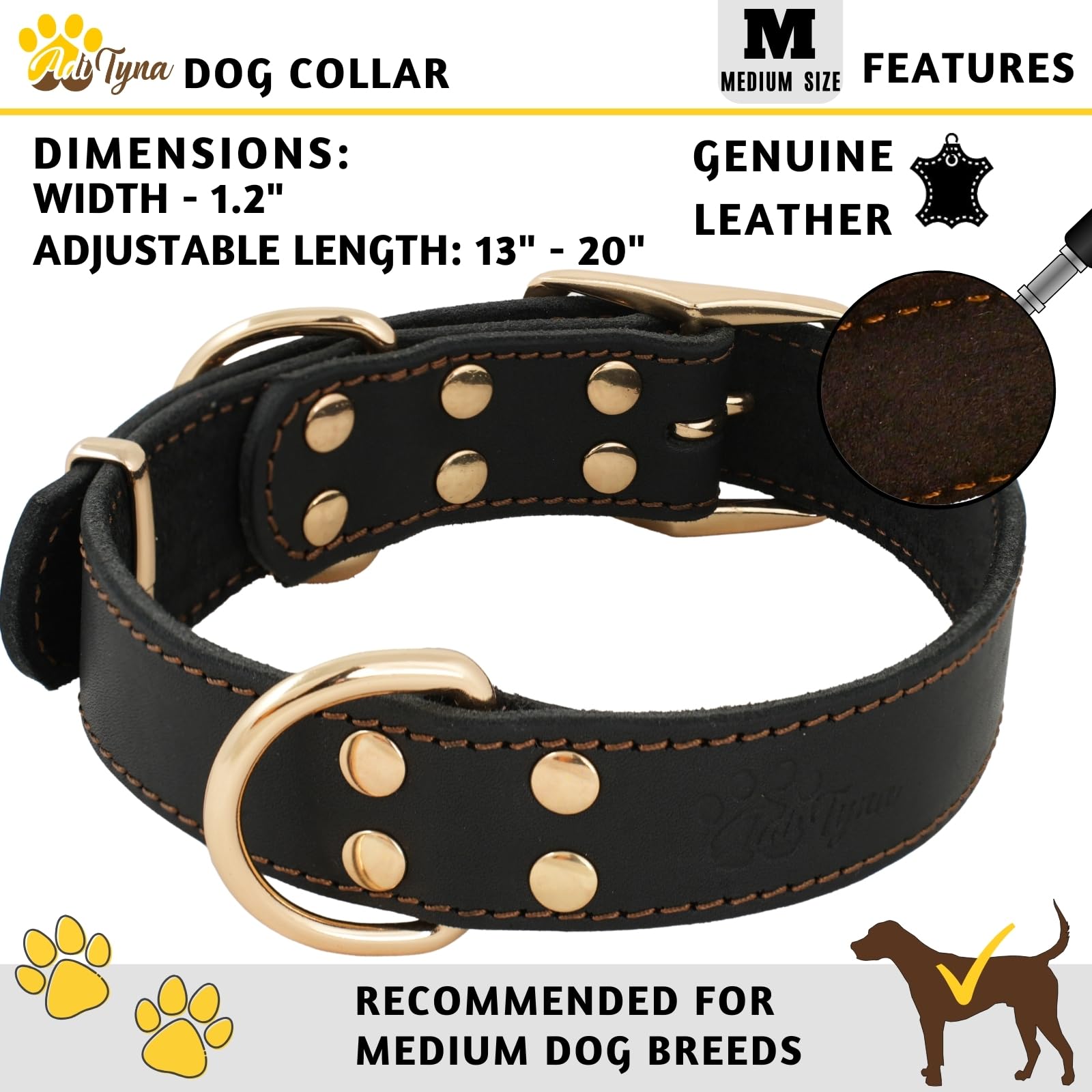 ADITYNA heavy-duty leather dog collar dual D-rings for training and control