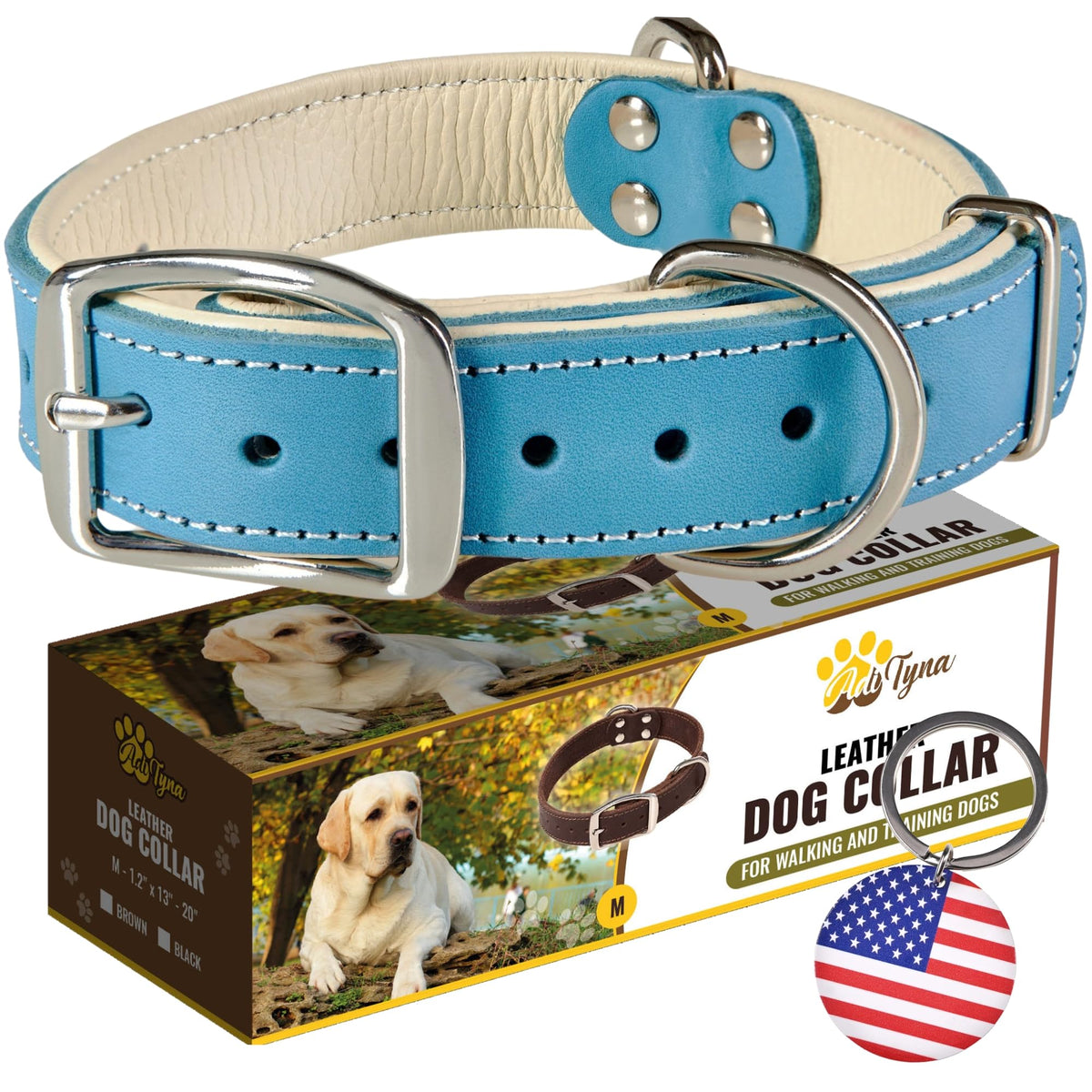 ADITYNA heavy-duty leather dog collar close-up showing padded interior for comfort.