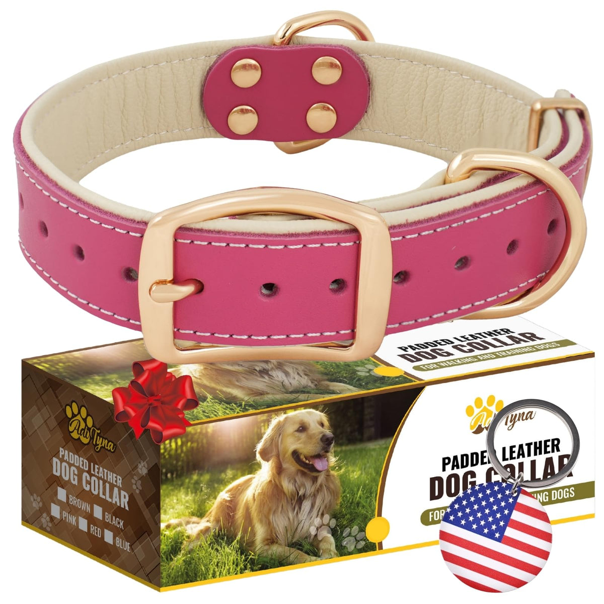 ADITYNA heavy-duty pink leather collar side view for comfortable daily walks