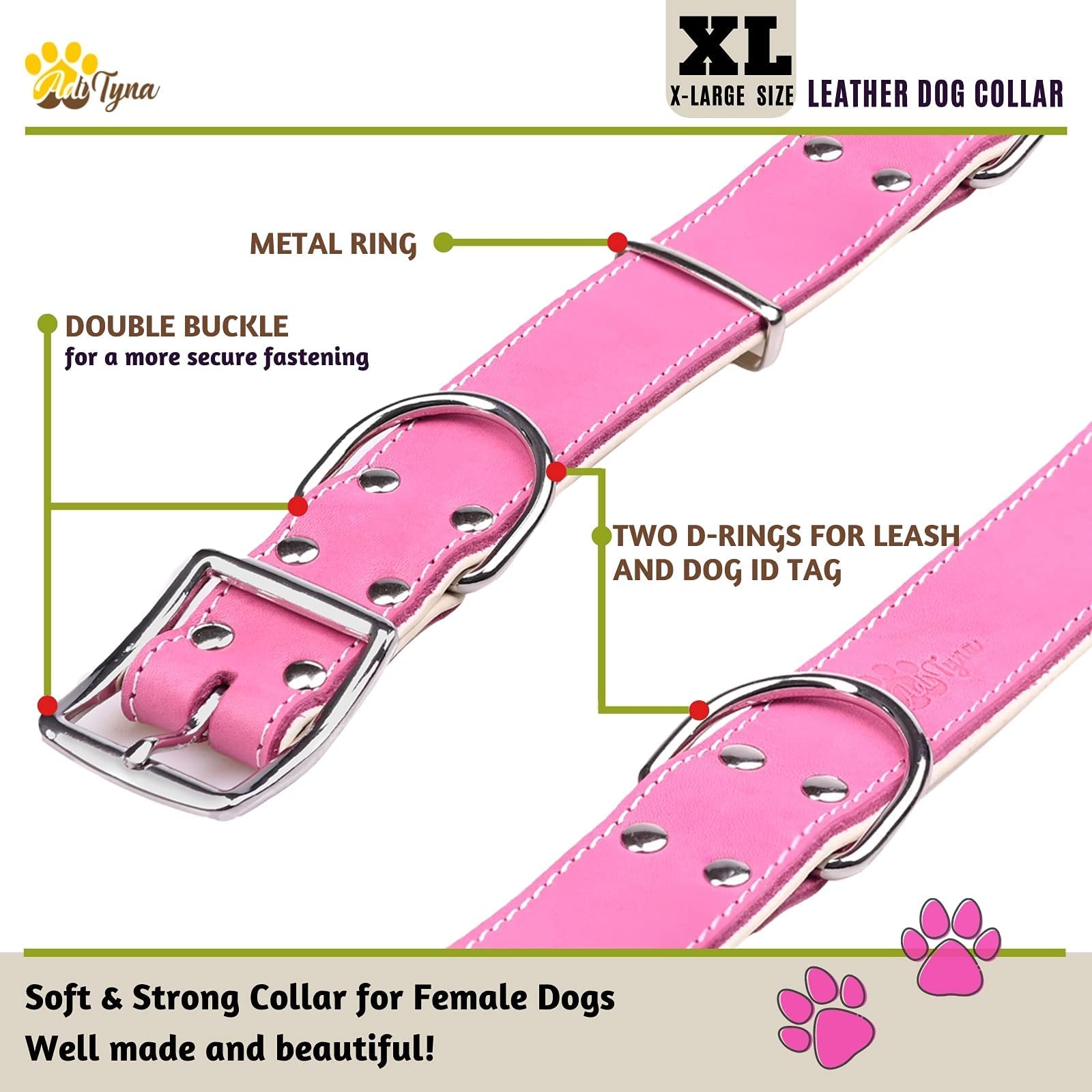 ADITYNA heavy-duty pink leather dog collar size guide reference with neck measurements