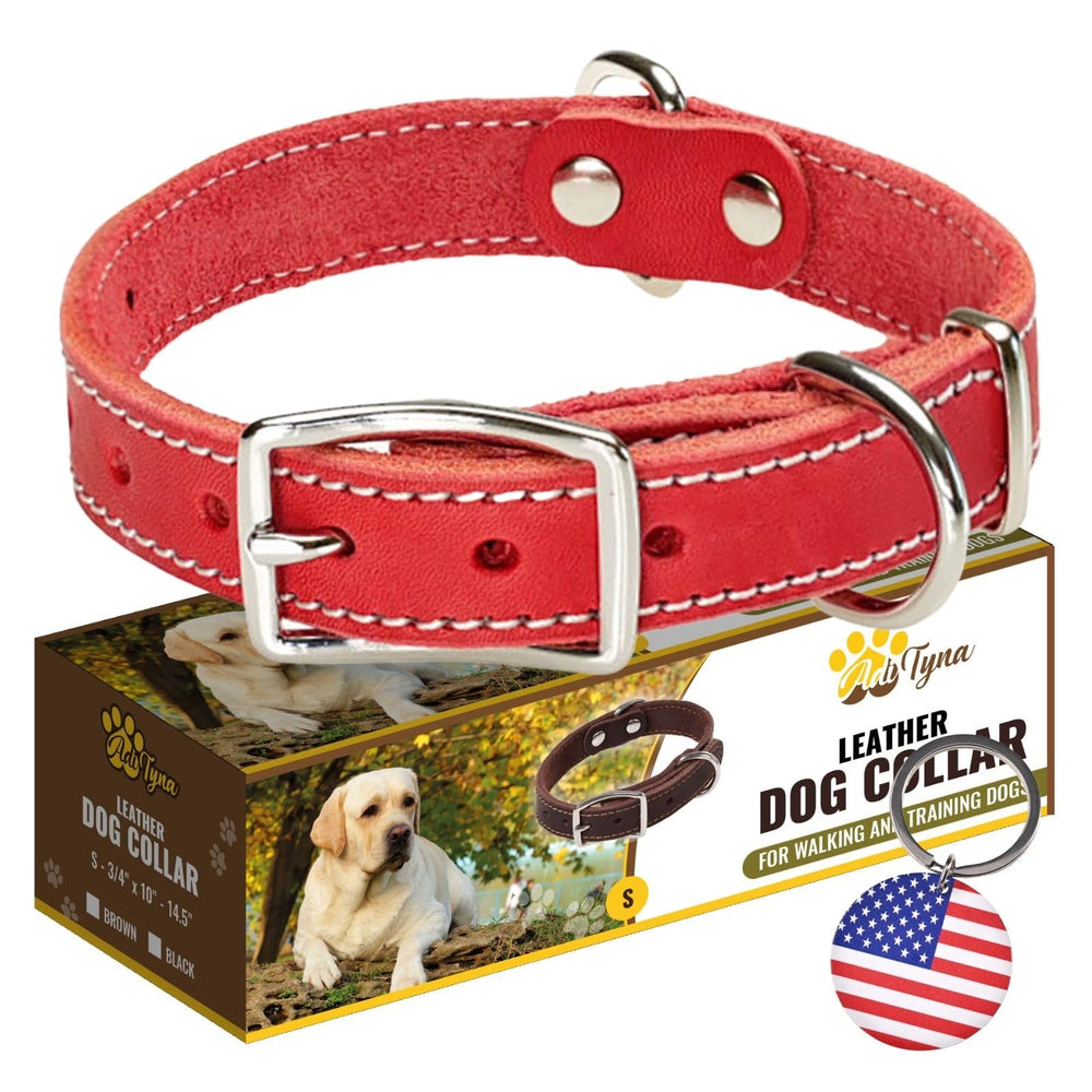 ADITYNA heavy-duty red leather dog collar close-up demonstrates secure fit