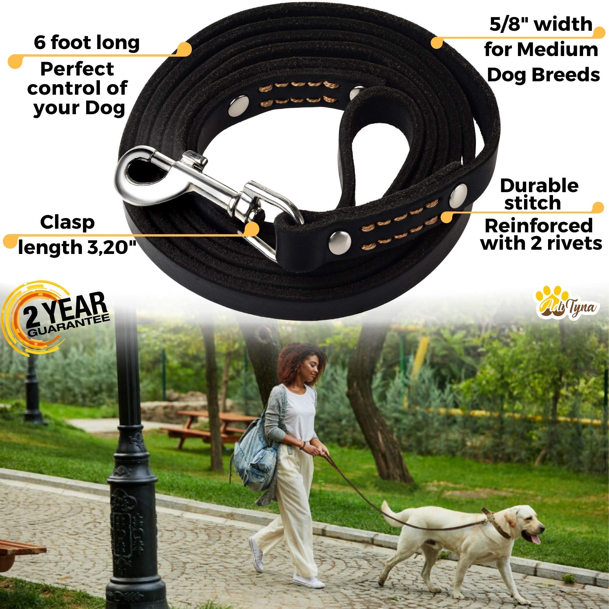 ADITYNA premium leather dog leash 6ft clasp-360-degree for secure, smooth control.