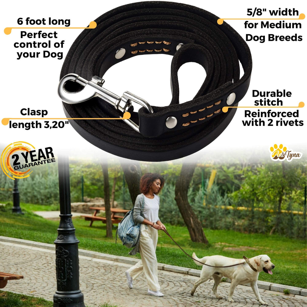 ADITYNA premium leather dog leash 6ft clasp-360-degree for secure, smooth control.