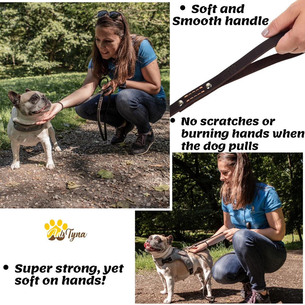 ADITYNA premium leather dog leash 6ft soft grip reduces grip strain during walks.