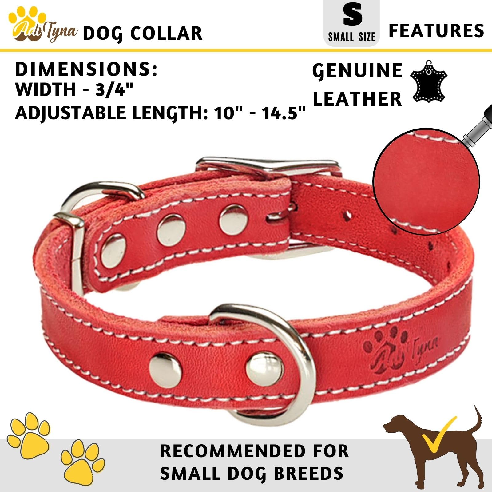 ADITYNA red leather collar close-up highlights handmade stitching and premium craftsmanship
