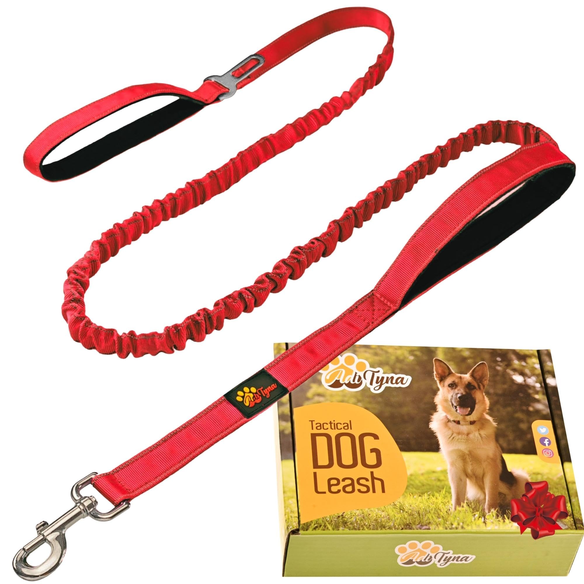 ADITYNA Tactical Bungee Leash with metal clasp, 6–7.5 ft for versatile training and walking control.