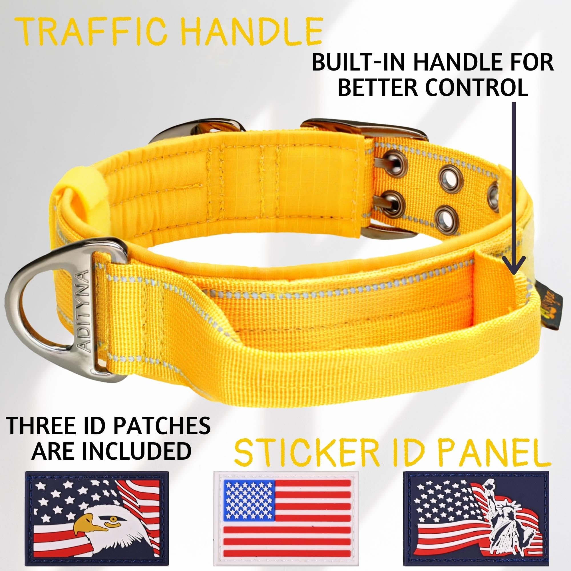 ADITYNA yellow collar with reflective stitching improves night visibility