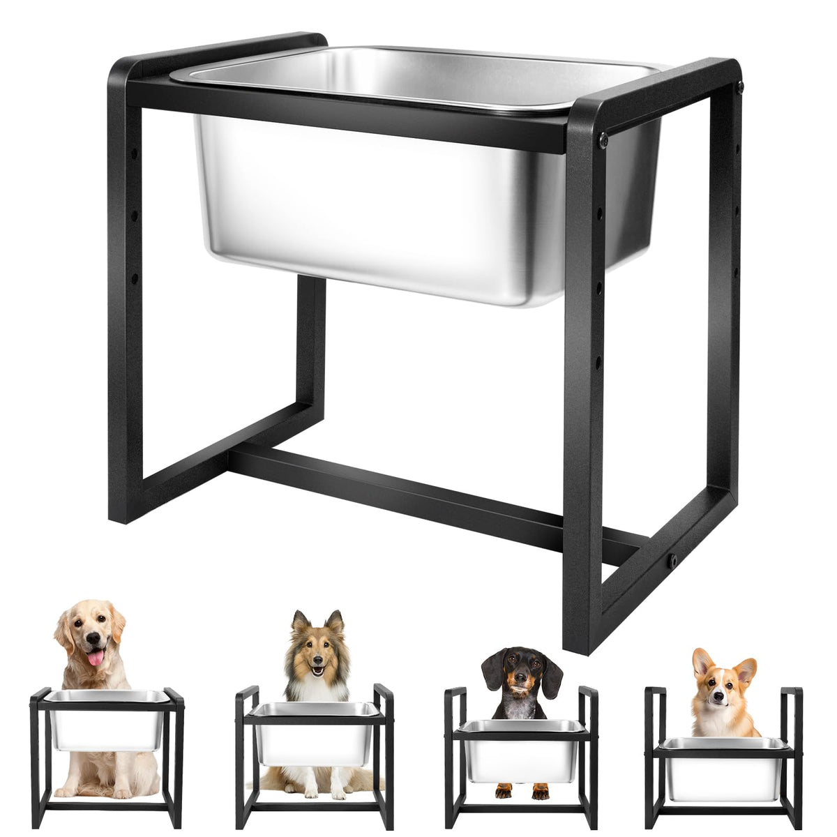 Adjustable Height Elevated Large Dog Water Bowl on a metal stand reduces neck strain during meals.