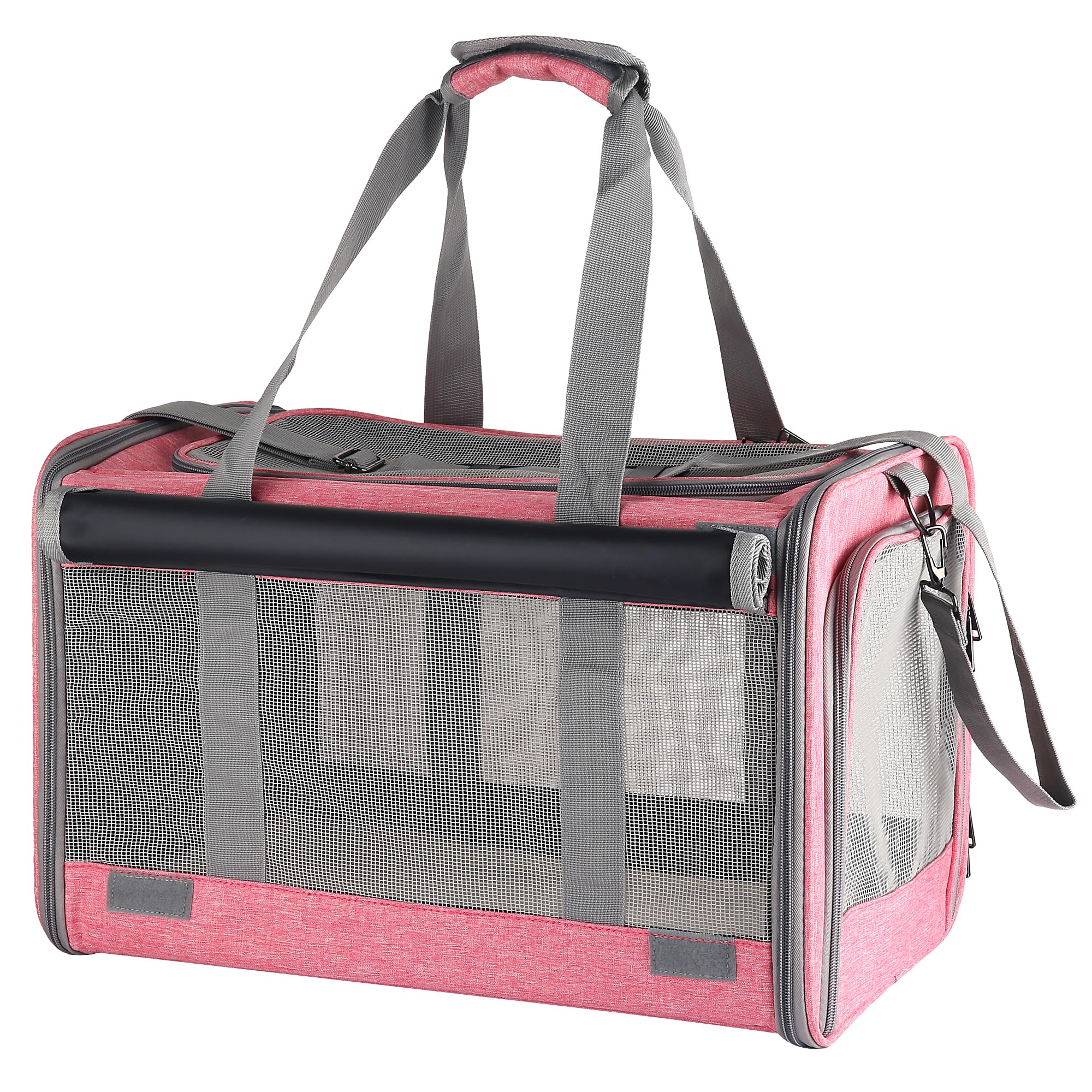 Adkyop large pink soft-sided carrier front view, roomy space for small to medium pets.