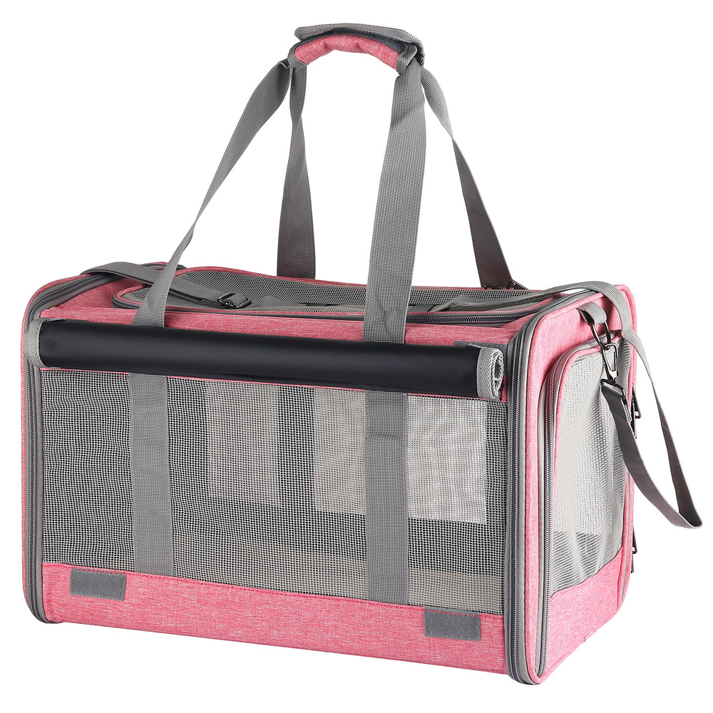 Adkyop large pink soft-sided carrier front view, roomy space for small to medium pets.