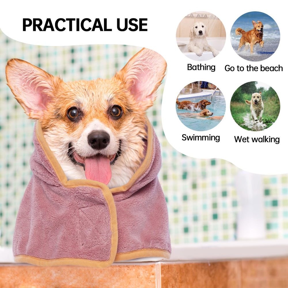 ADNIKIA dog-drying-coat wearing pose showcases comfortable wrap that helps keep underbelly dry.