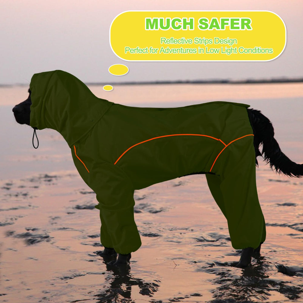 ADNIKIA dog raincoat worn on a dog walking in rain shows reliable weather protection.