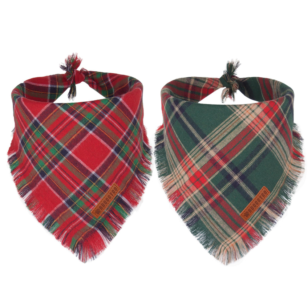 ADOGGYGO Christmas dog bandana with tassels in red plaid for festive holiday photos.