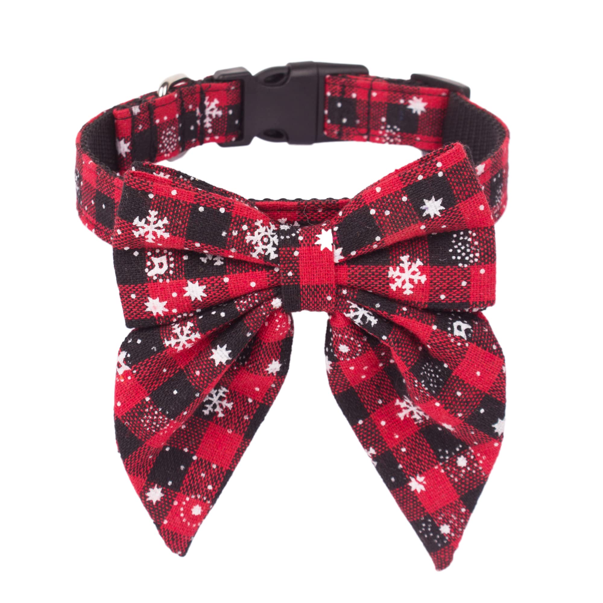 ADOGGYGO Christmas dog collar bow closeup highlights festive plaid for adorable holiday photos.