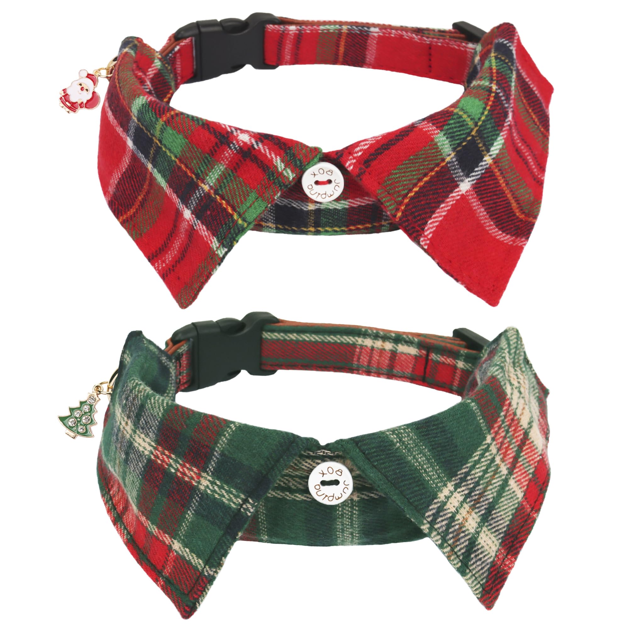 ADOGGYGO Christmas dog collar with bow tie close-up showing plaid pattern for Christmas photos.