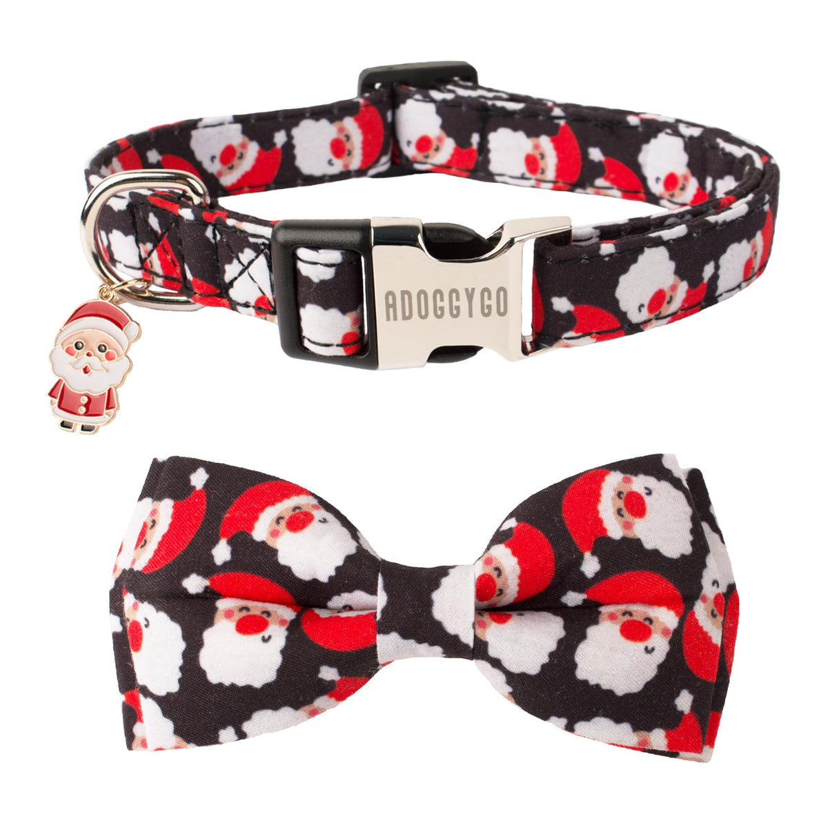 ADOGGYGO Christmas dog collar with bowtie for festive holiday photos.