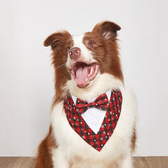 ADOGGYGO Christmas dog tuxedo bandana side profile showing red plaid pattern