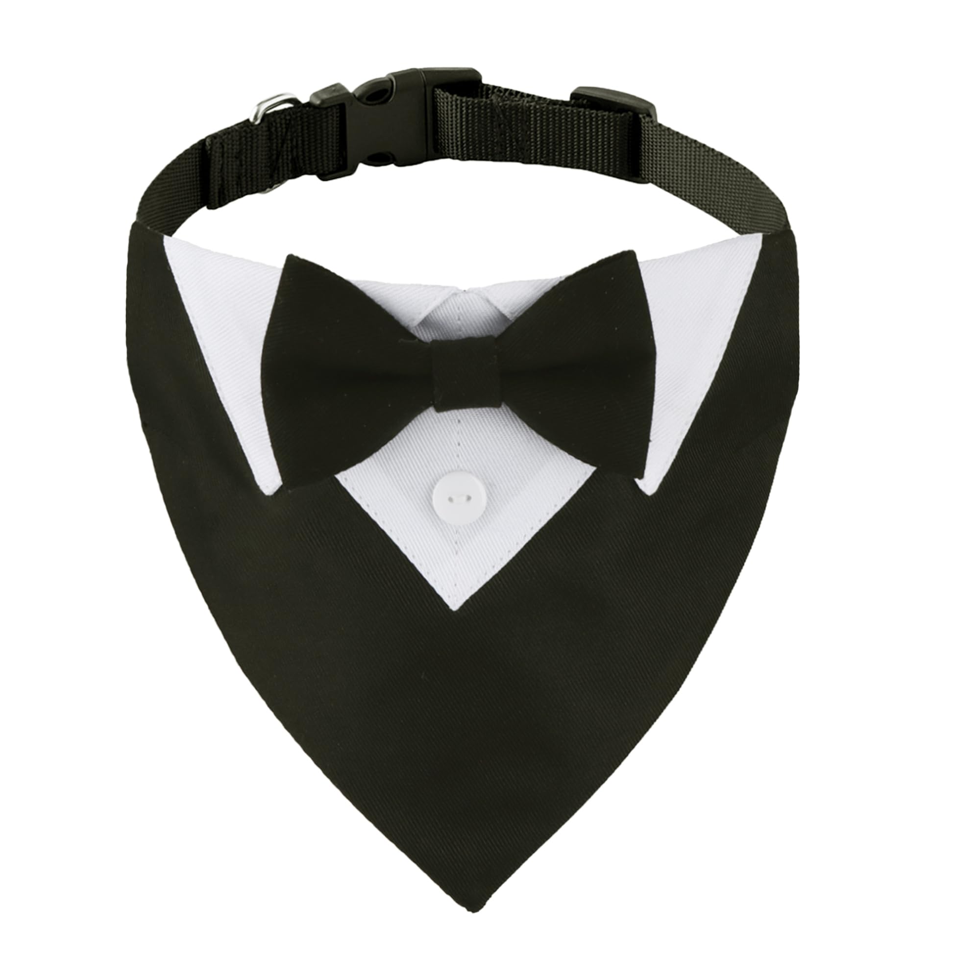 ADOGGYGO formal dog tuxedo with black bowtie on a small dog for wedding attire