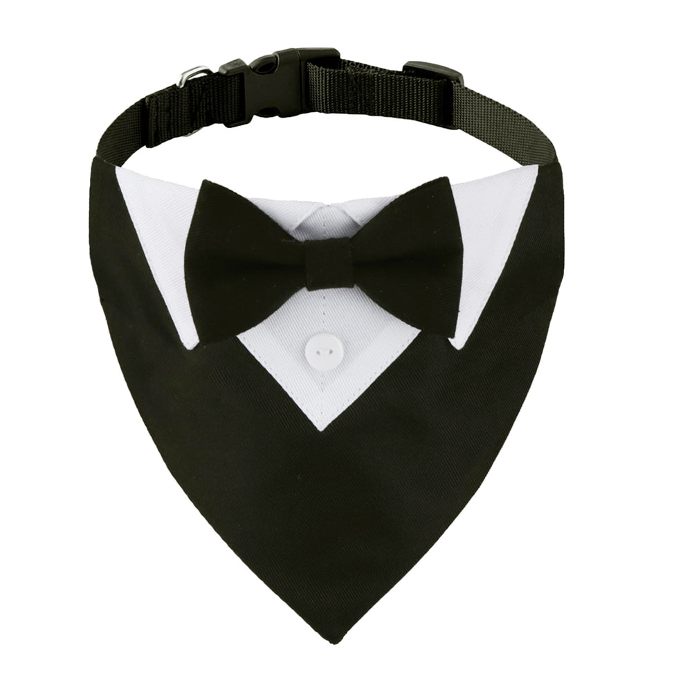 ADOGGYGO formal dog tuxedo with black bowtie on a small dog for wedding attire